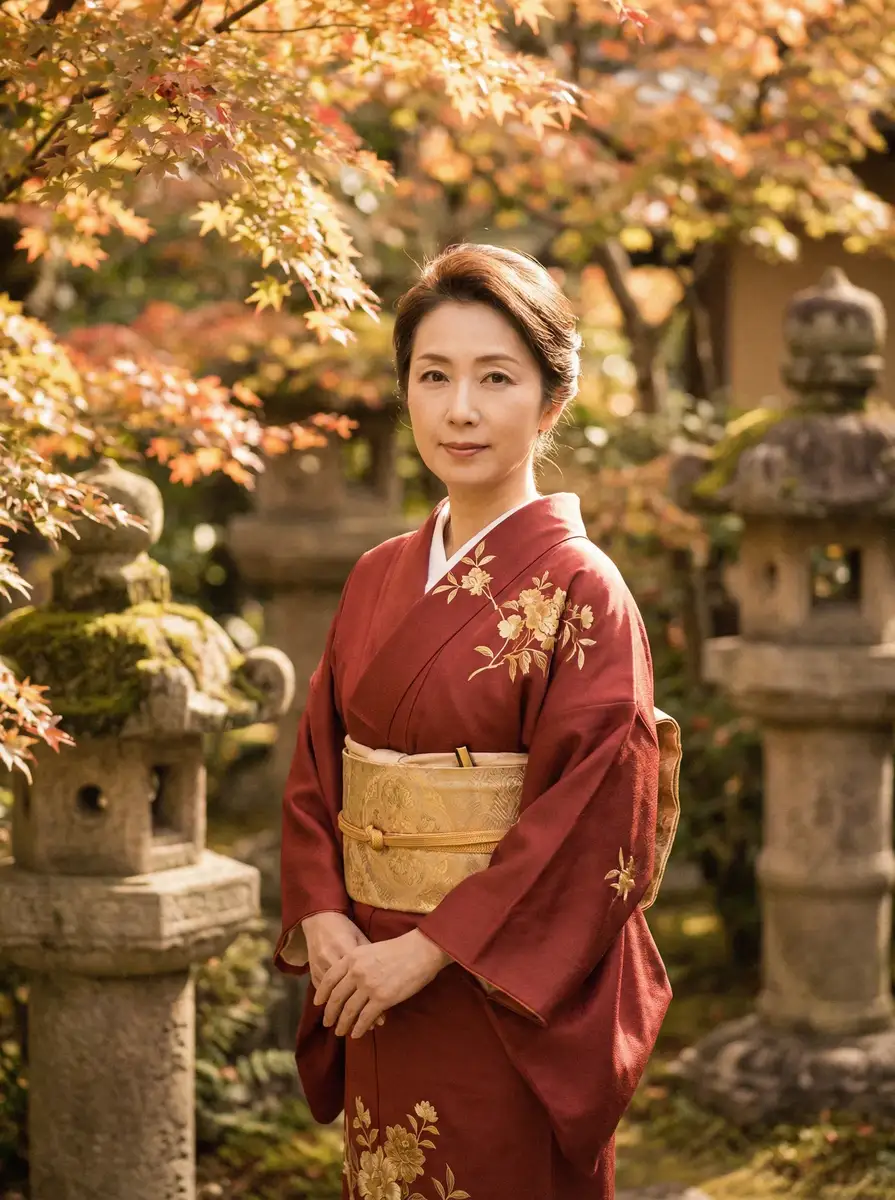 一位身穿暗红色和服的优雅 光棍电影手机在全线观看 在日式庭院中